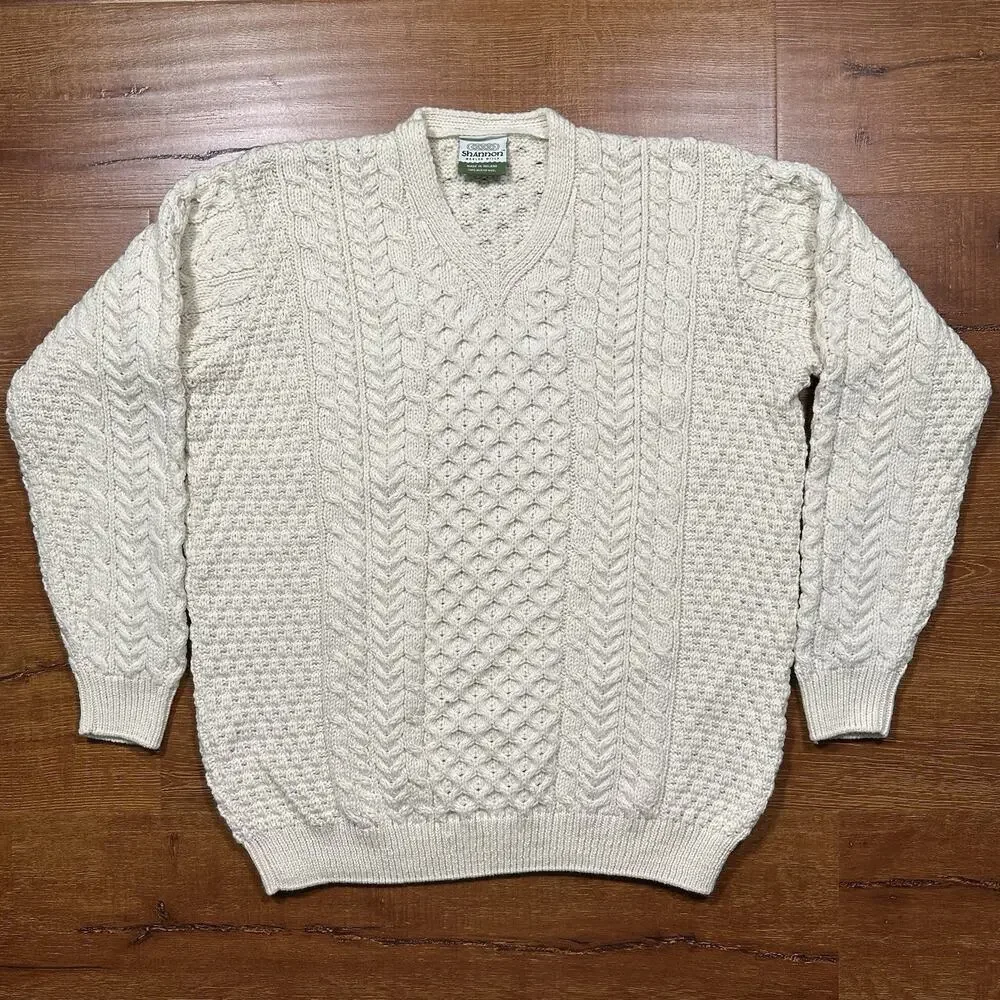 Shannon Woolen Mills Cable Knit Sweater Mens XL Ivory Merino Wool V Neck Ireland